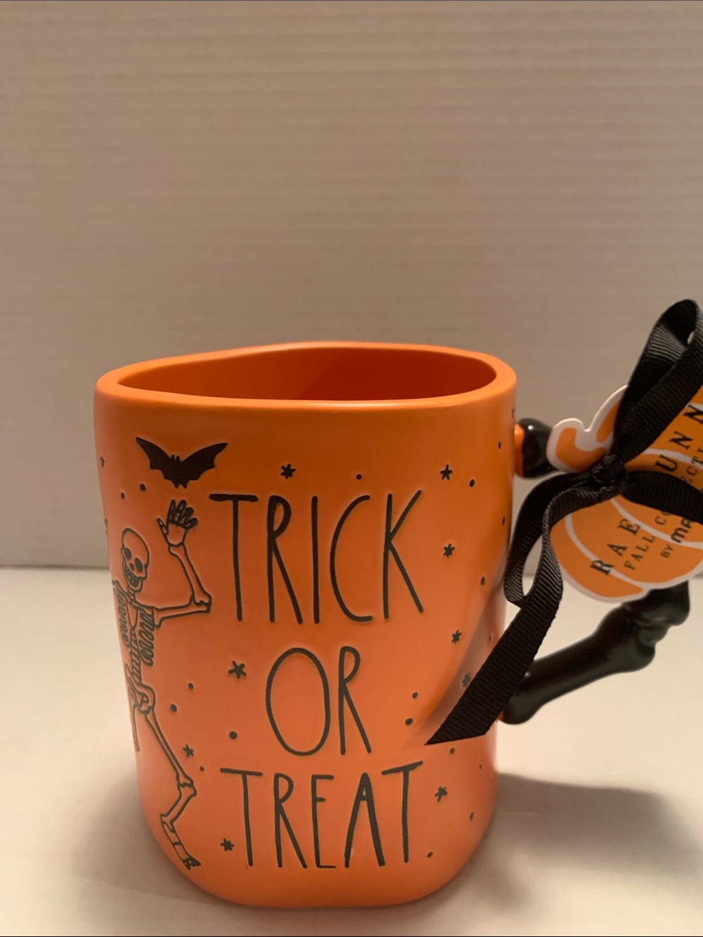 Rae Dunn Orange Halloween "Trick or Treat" Mug Double Sided Skeletons Bats Stars
